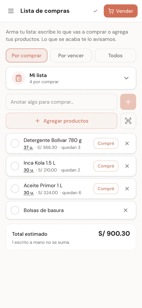 Lista de compras con productos, cuánto comprar y el total estimado