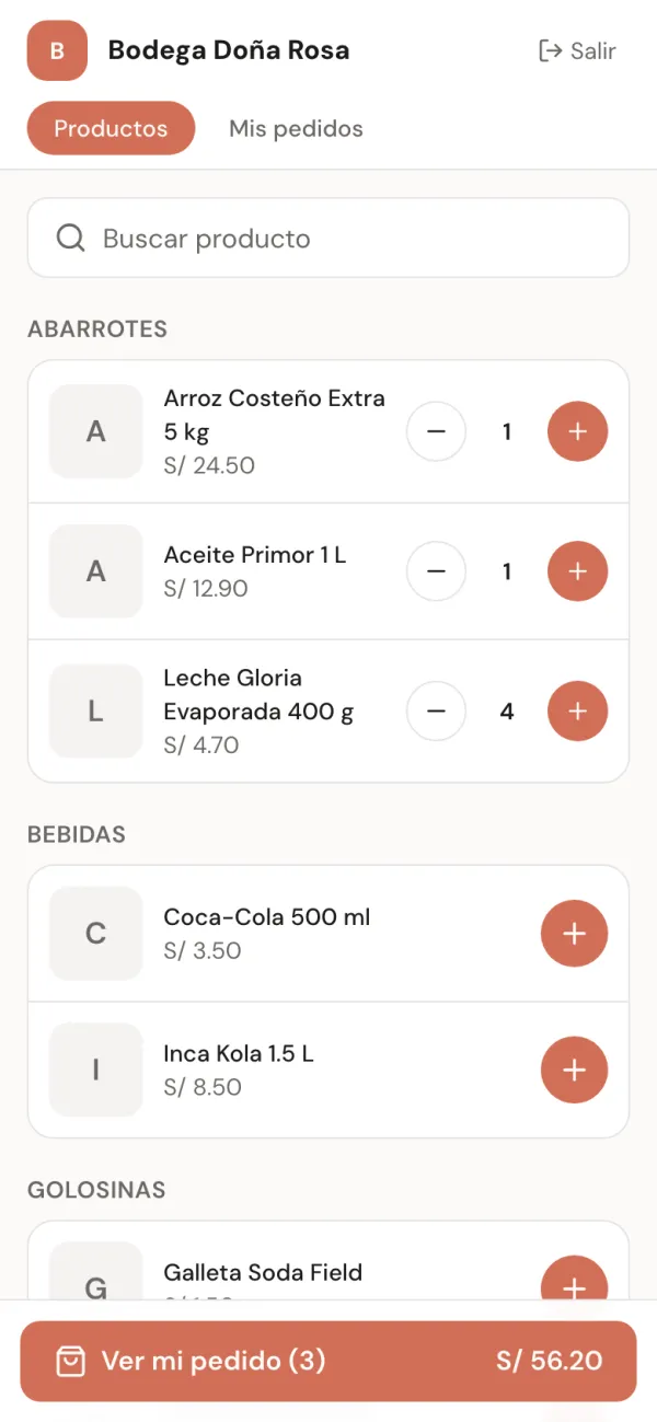 La tienda online de una bodega en el celular del cliente: productos con precio y el botón Ver mi pedido