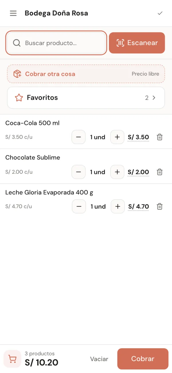Pantalla Vender de Anota con tres productos en el ticket y el botón Cobrar